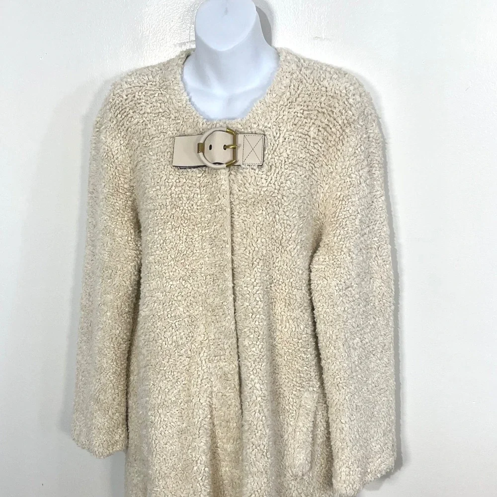 Tory‎ Burch Hibbert Buckle Tab Textured Coat Off White Cream Women's Size large